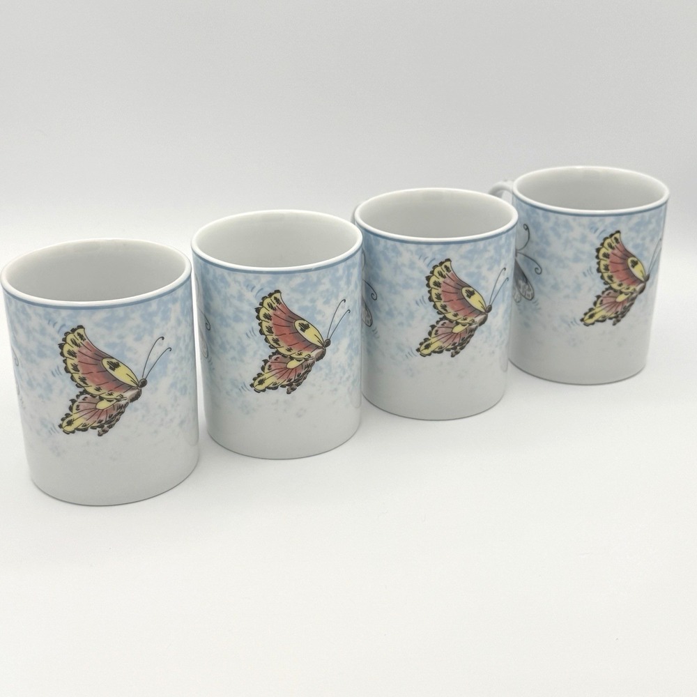American Atelier Floral Garden Butterfly Bee Ladybug Mug Set 4 Blue Speckled